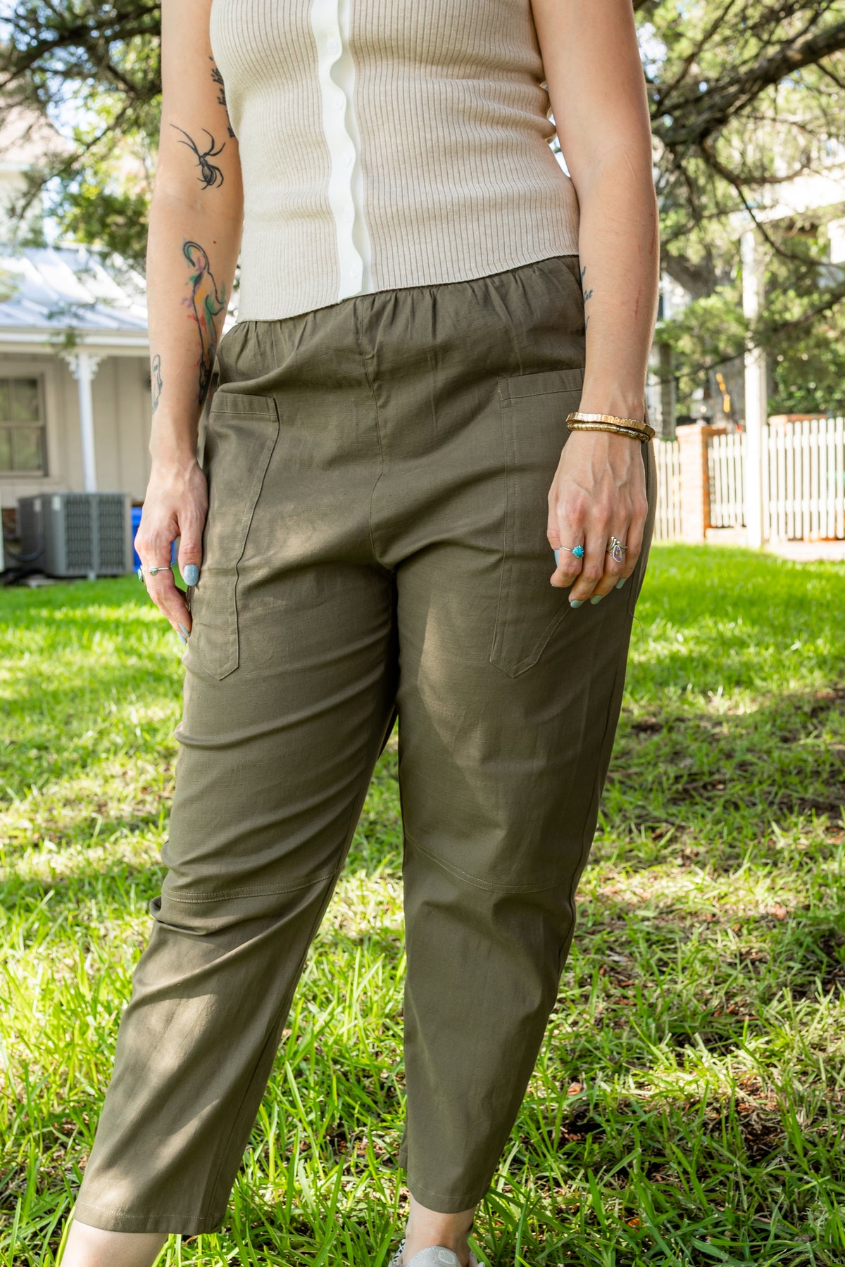 Erica Olive Cargo Pull on pant In February